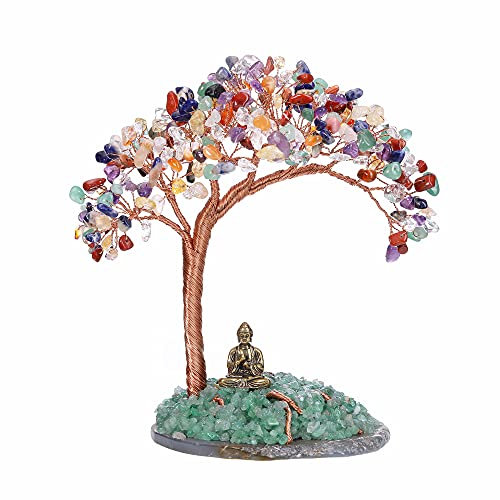 Jovivi Albero di Cristallo Naturale Soprammobile con Buddha, Chakra Albero della Vita Ornamento Portafortuna in Pietra Preziosa, Feng Shui Albero Buddista con Base Agata per Decorazione Casa-7 Chakra