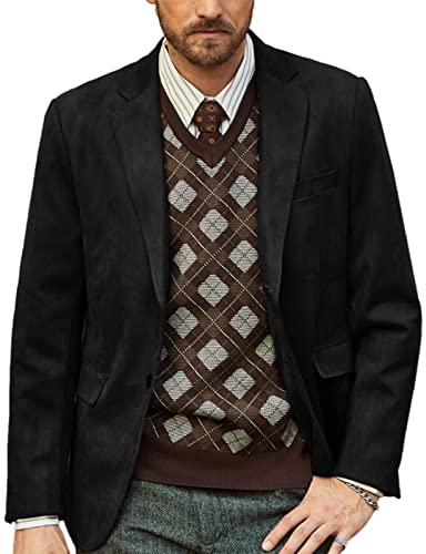 PJ PAUL JONES Herren Blazer Jacke Kunstleder Anzug Jacke Casual 2 Knöpfe Wildleder Sport Blazer Mantel mit Taschen, Schwarz, S
