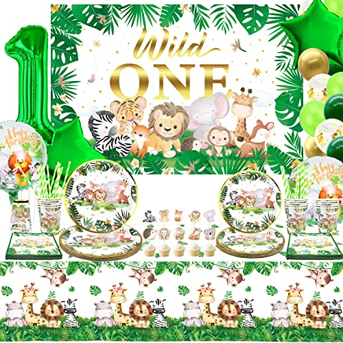 LSJDEER décorations d'anniversaire sauvages- fournitures d'anniversaire safari jungle- assiettes, serviettes, nappes, pailles, décoration de gâteau, 1er ballons, toile de fond animal pour 1er, sert 20