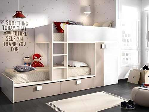 Vente-unique Etagenbett mit Kleiderschrank + Matratzen - 2X 90 x 190 cm - Weiß, Naturfarben & Taupe - JUANITO