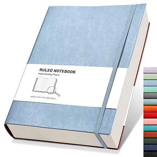 RETTACY A4 Lined Notebook, Leather Softcover Journal, 320 Pages, Light Blue | Notepad for Men Women, 100 GSM Thick Ruled Paper, for School Office Writing - 21.5 × 27.9 cm