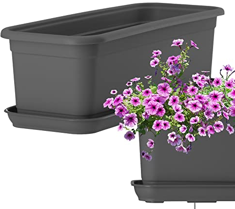 KADAX Fioriera con piattino, fioriera in plastica per interni ed esterni, vaso di fiori per balcone, terrazzo, davanzale (40 cm, antracite)