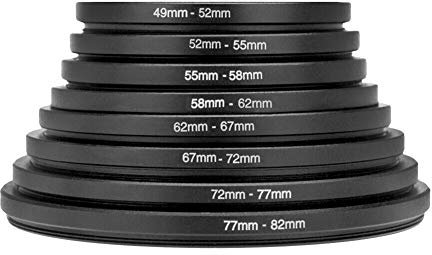 KOSDFOGE Ringkamera-Set, Objektivfilter-Ring-Adapter-Set, 8 Stück Metall-Step-Up-Ringe, Universelles Objektivfilter-Set 49 Bis 52 Bis 55 Bis 58 Bis 62 Bis 67 Bis 72 Bis 77 Bis 82 Mm