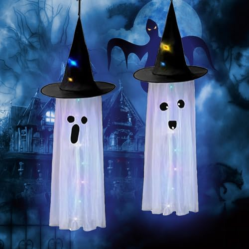 2 Stück Halloween Windsäcke Geist Windsack,Halloween Hängende Geist Windsäcke Mit Warmweißen LED Lichtern,Hängen Geist Windsäcke Flagge,Für Zuhause,Terrasse,Rasen,Garten,Outdoor Veranda Dekoration (B)