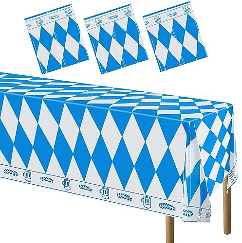3 Stück Oktoberfest Tischdecke, Bayerische Tischdeko, Bayrisch Tischtuch, Blau Weiß Partytischdecke für Oktoberfest Deko, Bierfest Party Dekoration 130 * 275cm (3 Stück)
