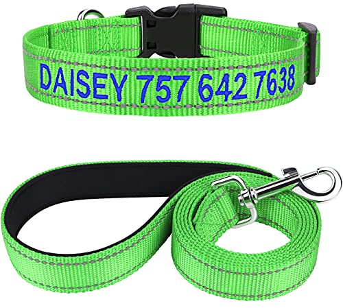 TagME Hundehalsband und Leine, Personalisierbar Reflektierendes Hundehalsband Mit 1.5M Doppelseitige Reflektierende Hundeleine für Große Hunde, Grün