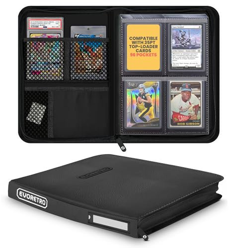 Toploader Binder - 35pt-55pt Topload-Karten-kompatibel, 4 Taschen, schwarz, tragbares Toploader-Kartenspeicheralbum, 96 Steckplätze, starrer Kartenhalter, 2 PSA-Plattenfächer, Lorcana, Pokemon, MTG,
