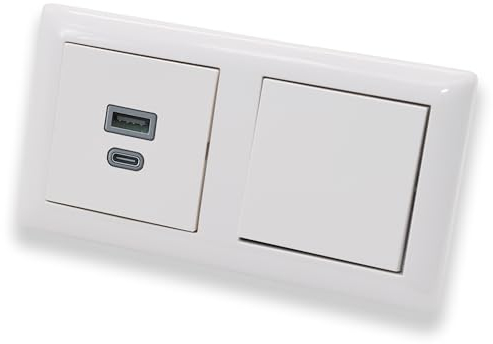 EBROM USB-C und USB-A Unterputz Steckdose/Lader, 45+15 Watt Leistung – Schnellladefunktion für Wearables, Smartphones Tablets + Gira Wippschalter 010600 in System 55 reinweiß glänzend
