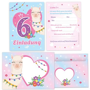 Limonia 10 Einladungskarten inkl. 10 Briefumschläge Kuverts zum 6. Kindergeburtstag Motto-Party Feier Fest Einladung Set Geburtstag Mädchen Kinder Mädels Tiere Kamel Lama Alpaka blau rosa