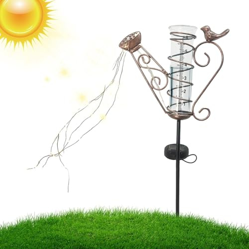 Lotvic Pluviometre Exterieur Jardin, Pluviomètres en Verre avec Piquet en Métal et Lumière LED, Pluviomètre Extérieur en Verre, Solaire Pluviomètre De Jardin, Pluie Tube de Mesure pour Cour, Pelouse