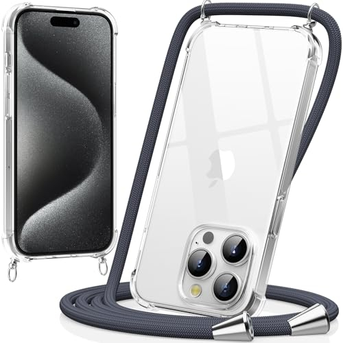caslord Handyband kompatibel mit iPhone 15 Pro 6,1 Zoll, Necklace Hülle mit Bands Handyhülle für zum Umhängen, Transparent Case mit Handykordel,Stoßfeste Schutzhülle zum Umhängen Kordel, Dunkelgrau