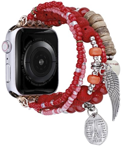 UCK-KIT Mode Uhrenarmband Kompatibel Mit for Apple Watch Band 38MM-49MM, Natürliche Perle Elastische Ersatz Stretch Strap Für Iwatch Serie SE/8/7/6/5/ /4/3/2/1,Rot,38/40/41MM