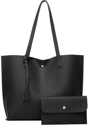 Große Damen Handtasche Shopper Schultertasche PU Leder - Laptop Trage Tasche Mit Hoher Kapazität Für Arbeit, Schule, Einkauf - Mit Geldbörse (Schwarz)