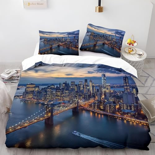 Bettwäsche-Sets 155x200 Skyline Von New York City Bettbezug Weiche und Angenehme Mikrofaser Allergiker, 3 Teilig Bettwäsche mit Reißverschluss und 2 Kissenbezug für Teenager Erwachsene