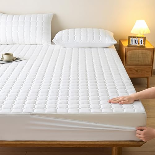 Matratzenschoner mit Reißverschluss Matratzenüberzug Grau Weiche 90x190/200 Anpassbare Matratzenüberzug Matratzenauflage Encasing Gesteppt Waschbarer Spannbettlaken Matratzentopper(160x200+10cm,White)