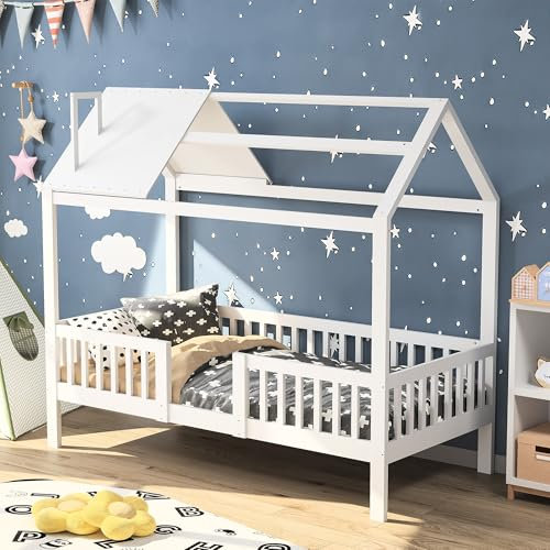 LEMCC Kinderbett Hausbett 90x200 cm Holz Kinderbett für Jungen und Mädchen Massivholz Kinderbett mit Rausfallschutz und Lattenrost Weiß