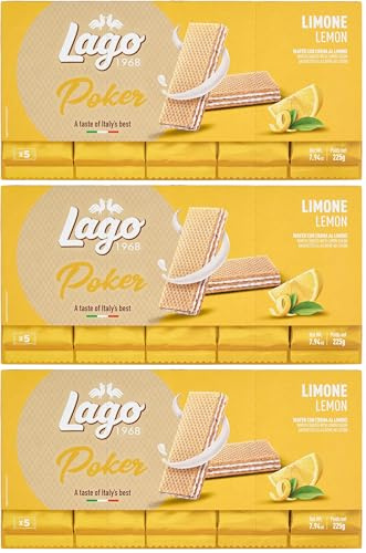 Lago 1968, Poker Limone 5x45g, Wafer con Vellutata Crema al Limone 75% con 3 Strati Friabili di Wafer (Confezione da 3)