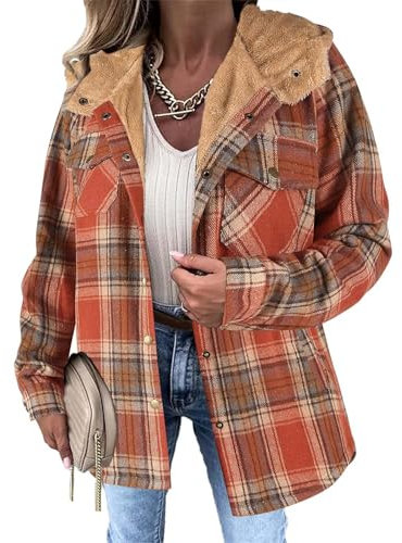 Hemdjacke Damen Flanellhemd Kariertes Knöpfen Taschen Mantel Holzfällerjacke Plaid Plüsch Fleece Gefüttert Jacke Winter Bluse Mit Kapuze Orange S