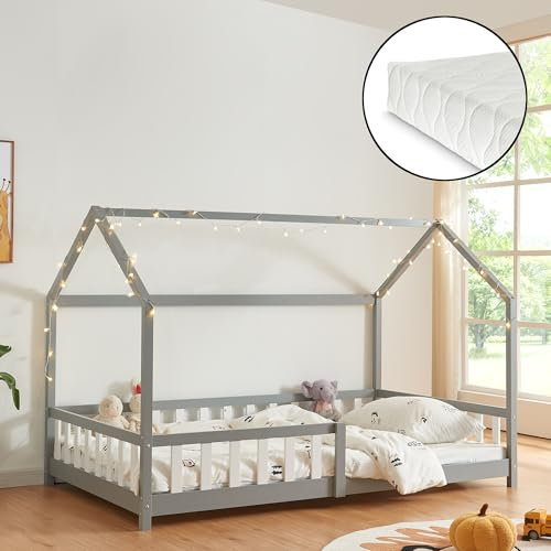[en.casa] Kinderbett Hesel Hausbett mit Matratze 120 x 200 cm Grau mit Rausfallschutz und Lattenrost Montessori Bodenbett Jugendbett Holzbett