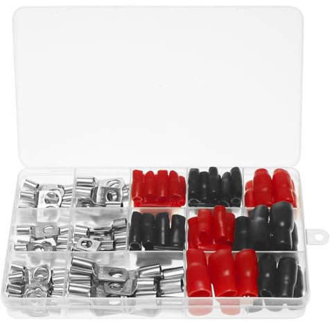 QWORK® 140 Pcs Battery Terminal Connector Set - 70 Pcs Tinned Copper Ring Lug Terminals + 70 Pcs Insulating Sleeves (SC6/10/16/25)