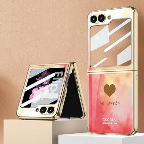 BAILI Coque pour Samsung Z Flip 5, étui en Verre pour téléphone Galaxy Z Flip5 à Motif de cœur, Coque en Verre trempé Case pour Samsung Z Flip 5-005