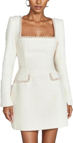 Damen Winter Elegant Schlank Tweed Kleid Formal Party Minikleid Langarm Quadratischer Ausschnitt Perle Verschönert A-Linie Kleine Chiffon Kleider (Weiß,S)