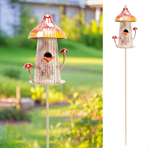 Yinns Bird Houses Stake for Outside, Metal Mushroom Birdhouse Garden Stake Wild Bird Feeder Pole Bird House for Home Garden Decor