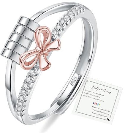 DOA 925 Sterling Silver Fidget Ring, Adjustable Thumb Anxiety Rosegold Ring for Anxiety Women, Spinner Bow Rings to Relieve Stress & Worry in Platinum