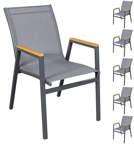 Gartenstuhl 6er-Set, stapelbar, Aluminium in Anthrazit, Textilene Grau, Armlehnen in Holzoptik, Natur, wetterfest, pflegeleicht und stapelbar, ideal für Garten, Terrasse & Balkon, Texas, SenS-Line