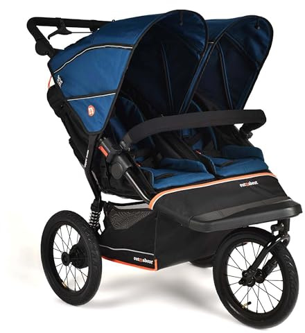 Out'n'About Nipper Double Pushchair V6+ Model & Rain Cover | Certified Running Buggy, Lightweight All-Terrain One-Hand Fold Twin Double Pram with Suspension, 14” Air-Filled Wheels (Highland Blue)