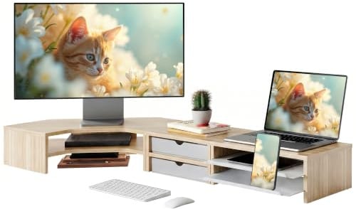 Fenge Supporto Monitor Scrivania 3 in 1, Rialzo Monitor Doppio con Cassetti, Vassoi Estraibili, Angolare a Forma di L, Combinazione Libera, per Ufficio Casa, PC, Laptop, Stampante, TV (Rovere)