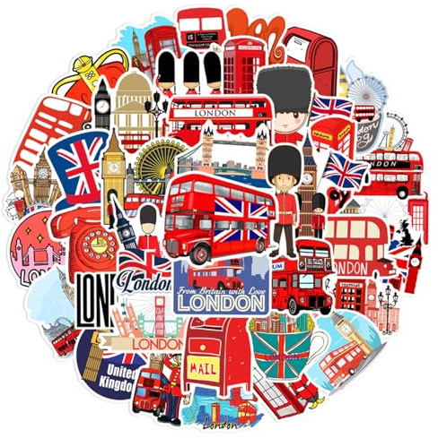 CXNXFD 50 Stück London Themed Aufkleber Set, Britische Sehenswürdigkeiten Sticker, Rote Doppeldecker Bus, Big Ben, Union Jack Design für Laptop, Gepäck, Scrapbooking