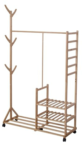 Relaxdays Kleiderständer, Bambus, 4 Ablagen, Kleiderstange, 6 Haken, natur | HxBxT: 176 x 100 x 38 cm, Rollgarderobe