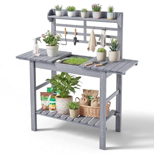 VEVOR Table de Rempotage à 3 Niveaux Table de Jardinage d'Extérieur pour Plantation Terrasse Jardin, avec Étagères de Rangement, Évier, Plateau en Bois Réglable 94-140 cm, Crochets, Gris Classique
