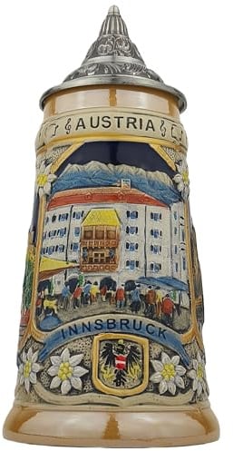 Bierkrug mit Deckel 0,7L mit Österreich-Stadtmotiven – Steinkrug mit Relief-Dekor Wien, Innsbruck & Salzburg – Souvenir & Geschenkidee