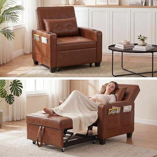 GRAVFORCE Sofa Bed Convertible 3 in 1 Sleeper Chair Bed Single Brown | Adjustable backrest pull-out sofa for small space living room. Converts chair to bed, perfect for studio apartment office.