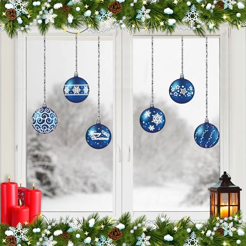 ArtiClings 12 x Bauble Window Clings with Glitter Patterns and Strings Colour = Blue