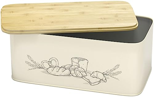 Extra Large Space Saving Vertical Cream Bread Bin with Eco Bamboo Cutting Board Lid - Holds 2 Loaves - White Extra Large Farmhouse Bread Bins for Kitchen Bread Storage Box