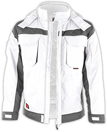 Qualitex PRO Winter-Arbeitsjacke warm gefüttert mit Kapuze (XL, Weiß/Grau) winddicht, wasserabweisend, atmungsaktiv, mit verlängertem Rücken, Winterjacke