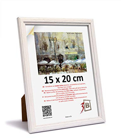 3-B Bilderrahmen GERA - Weiß - 15x20 cm - Holzrahmen, Fotorahmen, Portraitrahmen mit Acrylglas