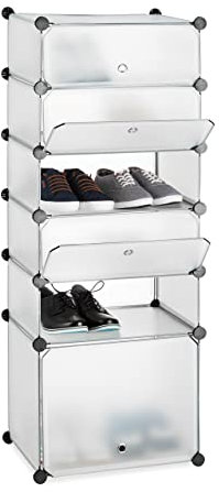 Relaxdays, transparent Schuhregal Kunststoff, Regalsystem 6 Fächer, Steckregal mit Tür, 12 Paar, DIY, HBT 52 x 37 x 9cm, System, 10024521_50, Schuhregal-System mit 6 Fächer