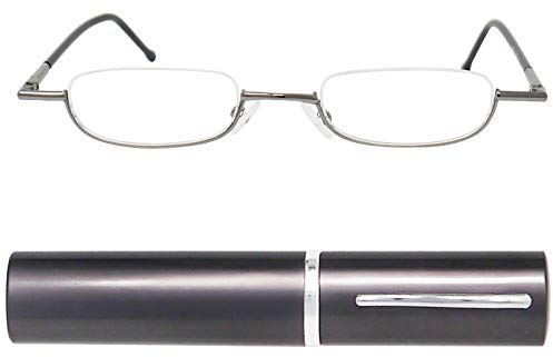 Schmale Metall Mini Halbbrille Lesebrille, Edelstahl Rahmen (Graphit), mit Gratis Slim-Fit Alu Etui, Lesehilfe Damen und Herren +2.0 Dioptrien
