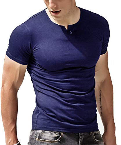 Mens Long Sleeve Muscle Slim Fitted Cotton Henley T-Shirt with Buttons Navy Blue S