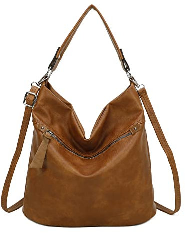 OBC Damen Tasche Shopper Hobo-Bag Handtasche Ledertasche Umhängetasche Schultertasche Beuteltasche Leder Optik Crossbody (Cognac 34x32x14 cm)