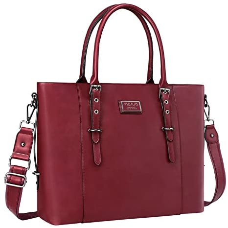 MOSISO Laptop Tote Sac(17-17,3 Pouces), PU Cuir Mallette Sac Bandoulière Compatible avec MacBook & Notebook Grande Capacité avec Compartiment Rembourré, Vin Rouge