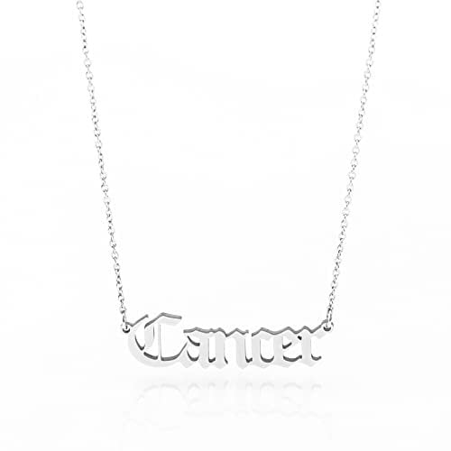 Minegreet Old English Zodiac Necklace for Women, Horoscope Birth Star Sign Letter Astrology Constellation Necklace Birthday Gift (Cancer-Silver)