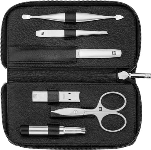 ZWILLING 6 Piece Premium Cowhide Leather Zip Manicure Set with Compact Nail Clippers - Black
