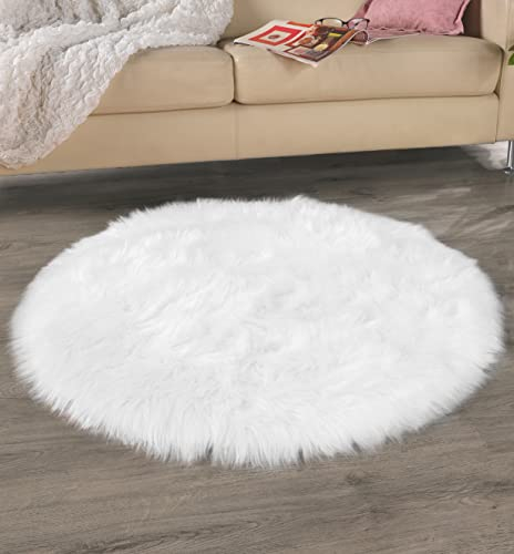 FELLANO Kunstfell Teppich 120 cm Rund weiß | Bettvorleger Fellteppich aus Fellimitat | Öko-Tex Standard 100 | Lammfell Schaffell als Läufer, Stuhl-Sitzkissen oder Kleiner Teppich