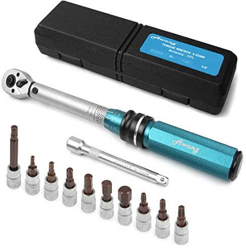 Awang 1/4 Inch Drive Click Torque Wrench Set 5-25 Nm, 72-Tooth Bicycle Torque Wrench Set, High Precision ± 3% Tool Repair Kit for Road Bikes and Mountain Bikes