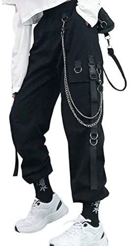 Onsoyours Damen Cargo Hose Freizeithosen Arbeit Kampf Hosen Hip Hop Jogger Hosen Baggy Streetwear Punk Hose mit Mehrere Taschen A Schwarz S